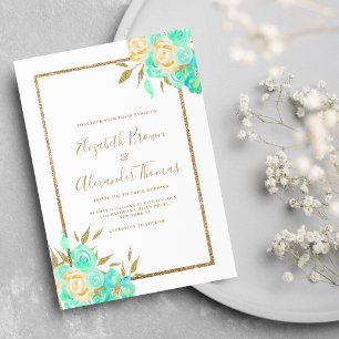 Watercolor turquoise gold glitter floral wedding  invitation