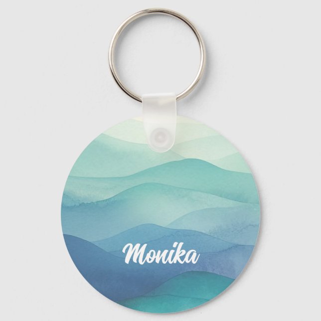 Watercolor Turquoise Navy Blue Ombre Layered  Keychain (Front)