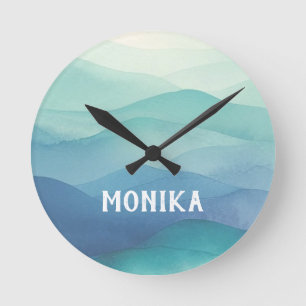 Watercolor Turquoise Navy Blue Ombre Layered  Round Clock