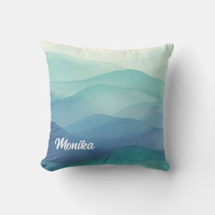 Watercolor Turquoise Navy Blue Ombre Layered Throw Pillow