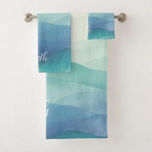 Watercolor Turquoise Navy Blue Ombre Watercolor  Bath Towel Set