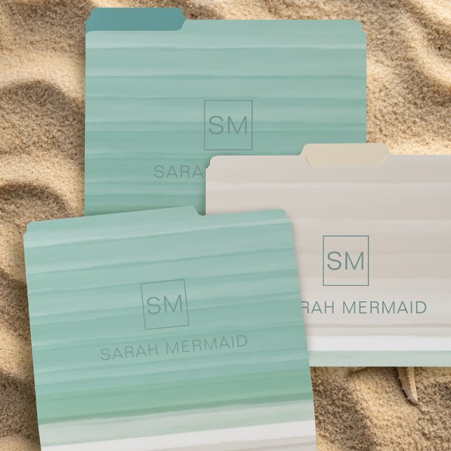 Watercolor Turquoise Ocean Beach File Folders (A modern ocean beach theme file folders with space for your name and initials)
