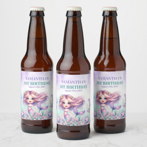 Watercolor turquoise purple mermaid 1st birthday beer bottle label