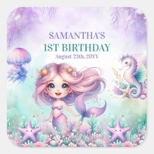 Watercolor turquoise purple mermaid 1st birthday square sticker