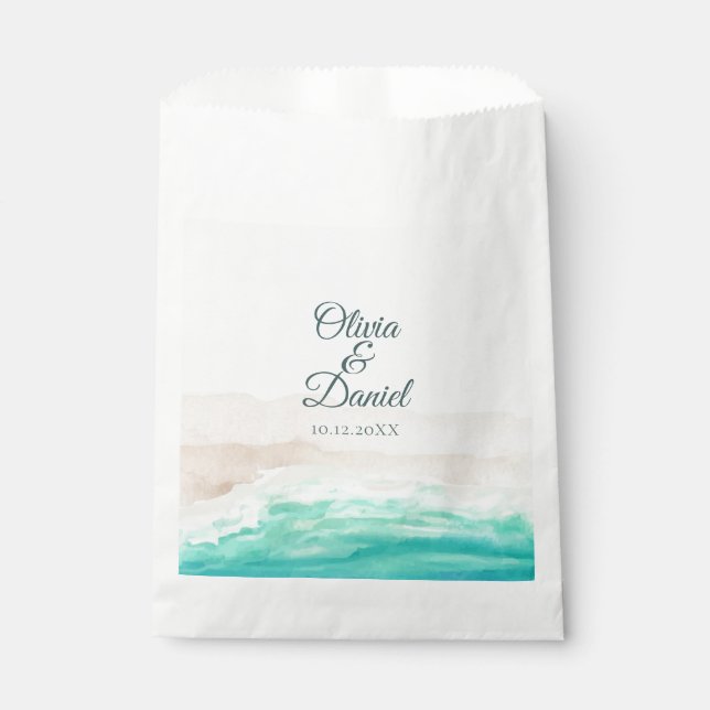 Watercolor Turquoise Sandy Beach Wedding Favor Bag (Front)