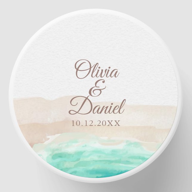 Watercolor Turquoise Sandy Beach Wedding  Mini Candle Favors (Front)