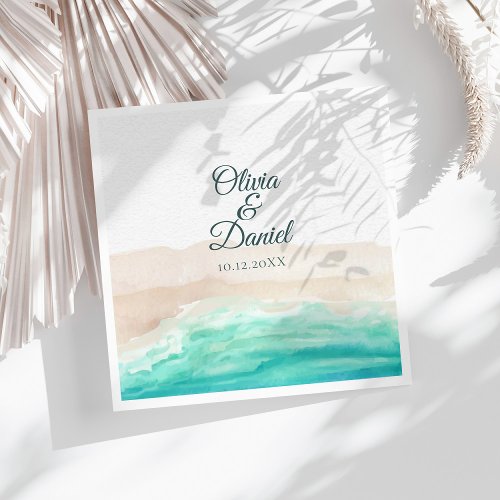 Watercolor Turquoise Sandy Beach Wedding Paper Dinner Napkins