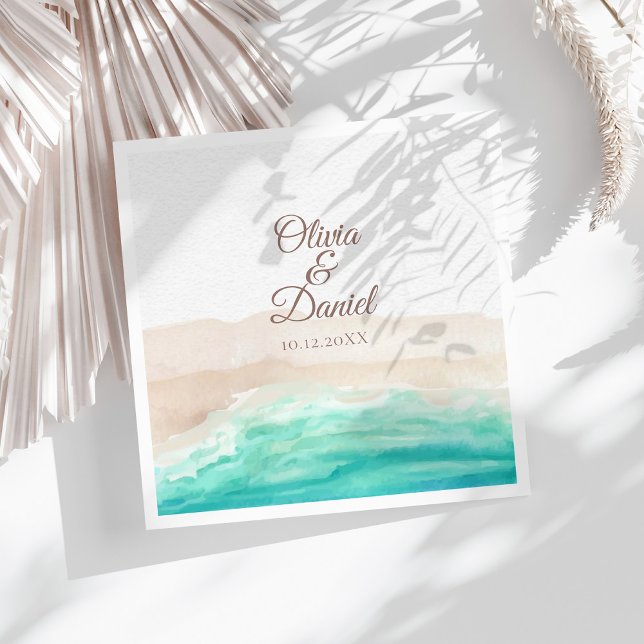 Watercolor Turquoise Sandy Beach Wedding Paper Dinner Napkins (Watercolor Turquoise Sandy Beach Wedding Paper Dinner Napkins on a sunny white table.)