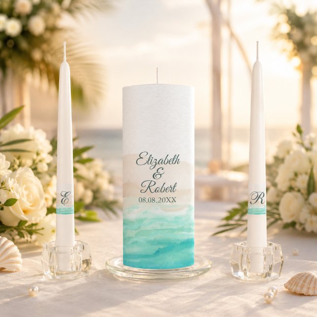 Watercolor Turquoise Sandy Beach Wedding Unity Candle Set (Watercolor Turquoise Sandy Beach Wedding Unity Candle Set)