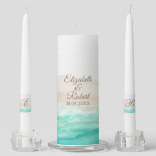Watercolor Turquoise Sandy Beach Wedding Unity Candle Set