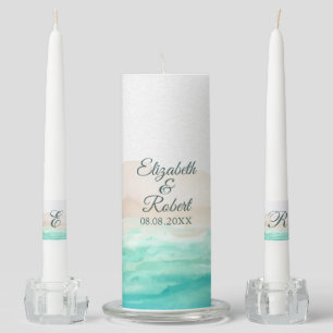 Watercolor Turquoise Sandy Beach Wedding Unity Candle Set