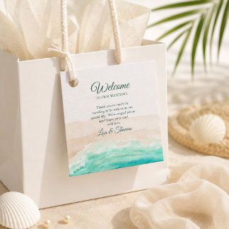 Watercolor Turquoise Sandy Beach Wedding Welcome Favor Tags