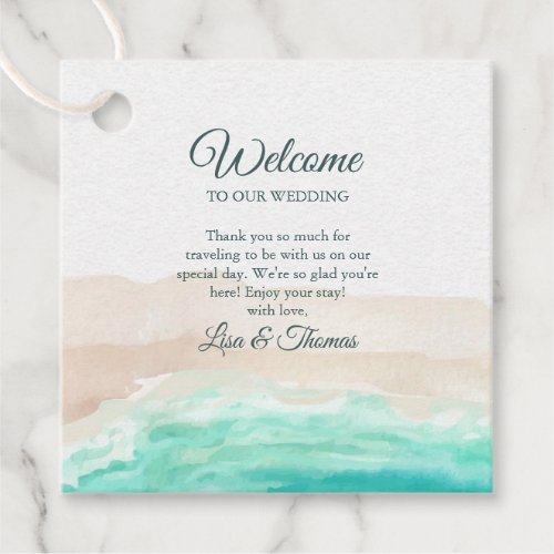 Watercolor Turquoise Sandy Beach Wedding Welcome Favor Tags