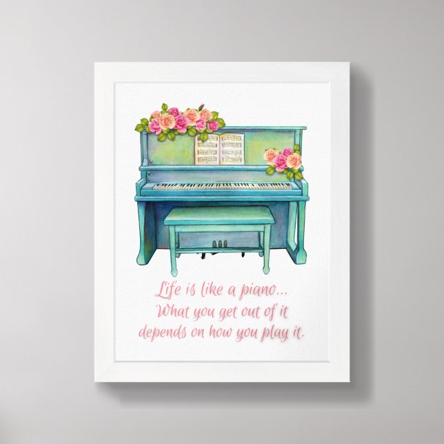 Watercolor Turquoise Upright Piano With Roses Framed Art (Framed Front)