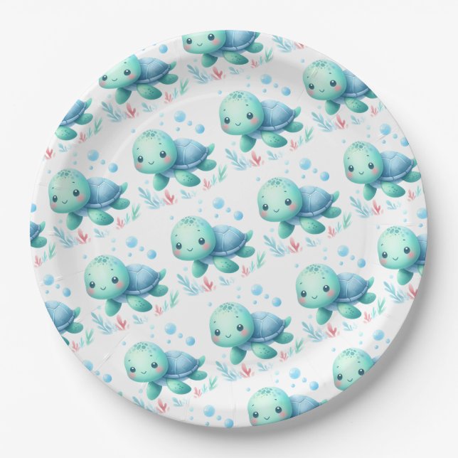 Watercolor turtle baby shower  paper plates (Front)