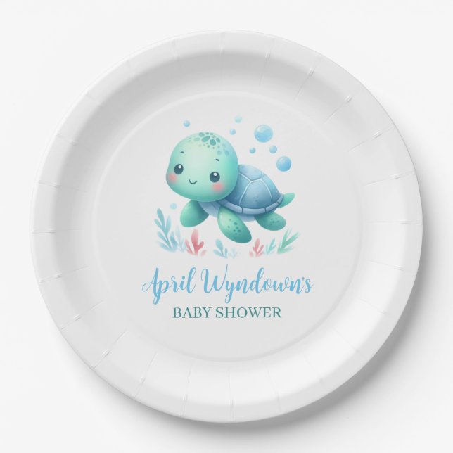Watercolor turtle baby shower  paper plates (Front)