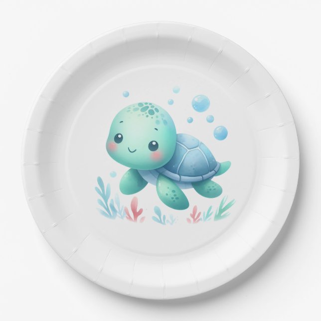 Watercolor turtle baby shower  paper plates (Front)