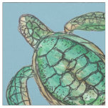 Watercolor Turtle Drawing Blue Fabric