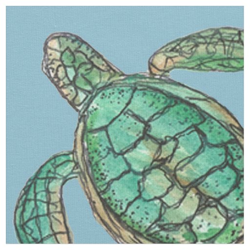 Watercolor Turtle Drawing Blue Fabric