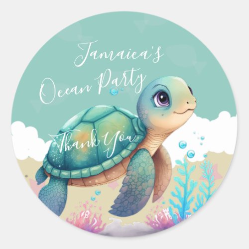 Watercolor Turtle Ocean Beach Birthday Thank You  Classic Round Sticker
