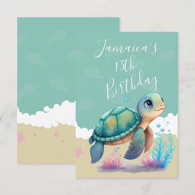 Watercolor Turtle Ocean Birthday Party Thank You (Front/Back)