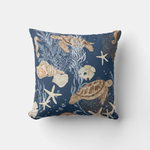 Watercolor Turtle Seahorse Starfish Sea Whispers Throw Pillow