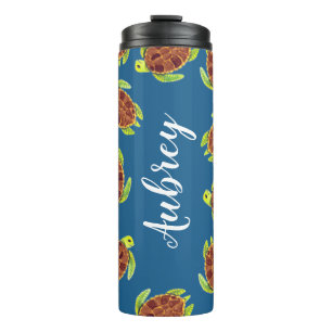 Watercolor Turtles Illustration & Ocean Blue Thermal Tumbler