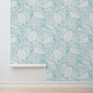 Watercolor Turtles on Waves Seafoam Blue Coastal