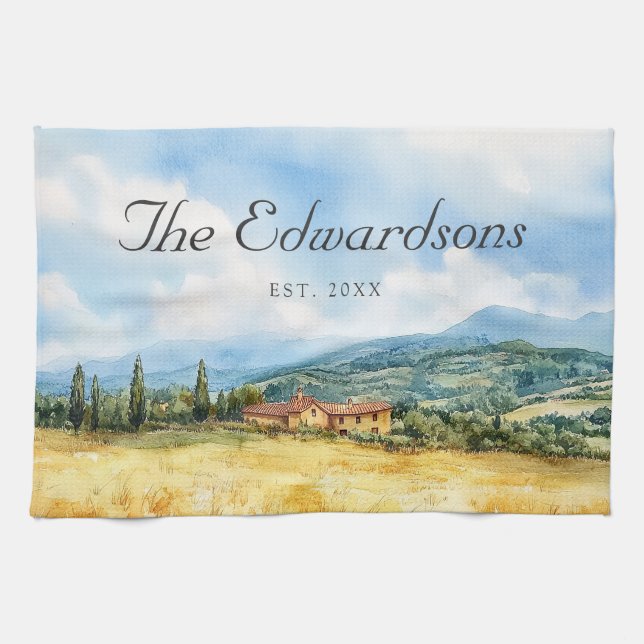 Watercolor Tuscan Mediterranean Family Name Kitchen Towel (Horizontal)