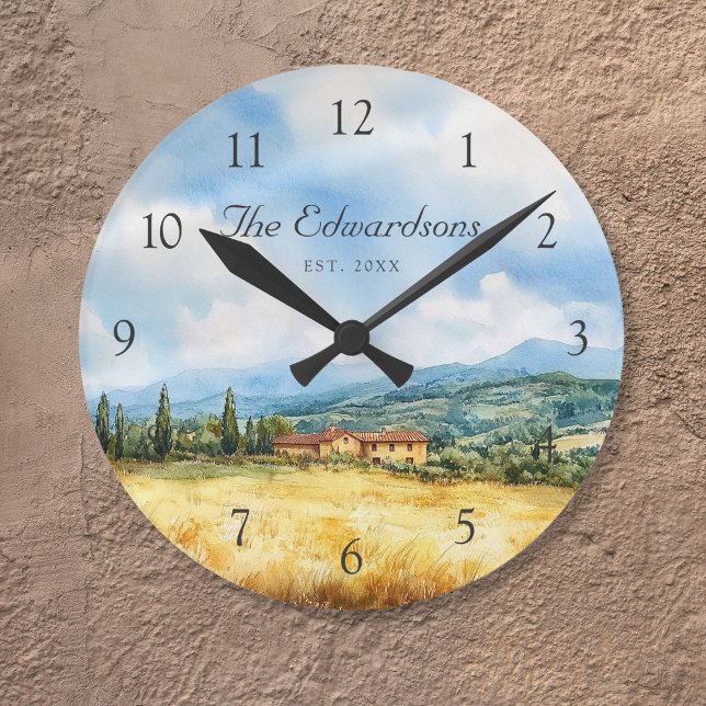Watercolor Tuscan Mediterranean Family Name Round Clock (Watercolor Tuscan Mediterranean Family Name Round Clock)