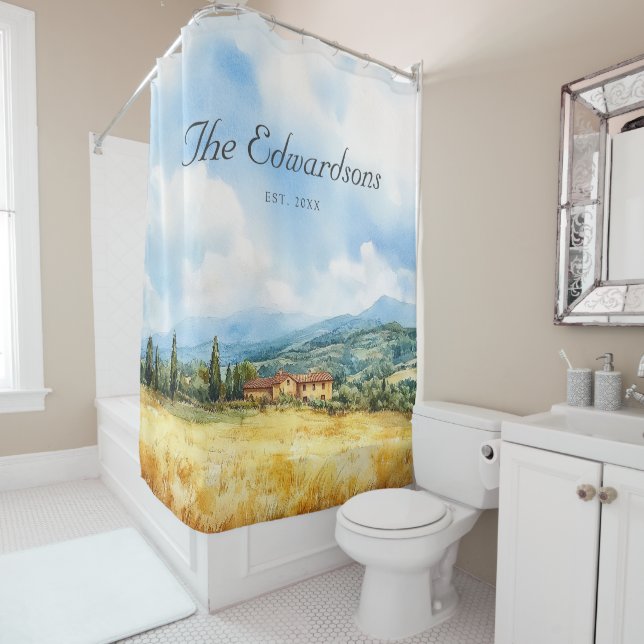 Watercolor Tuscan Mediterranean Family Name Shower Curtain (In Situ)