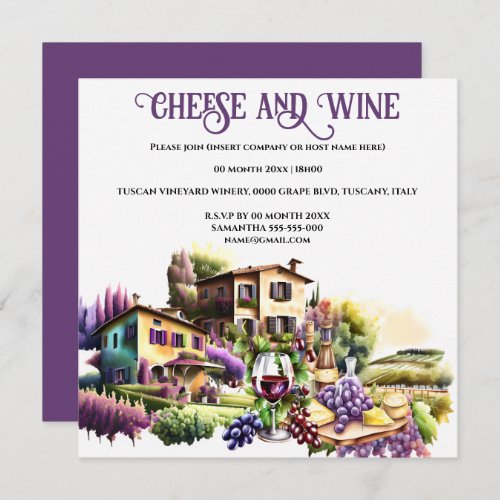 Watercolor Tuscan villa cheese wine vineyard vine Invitation