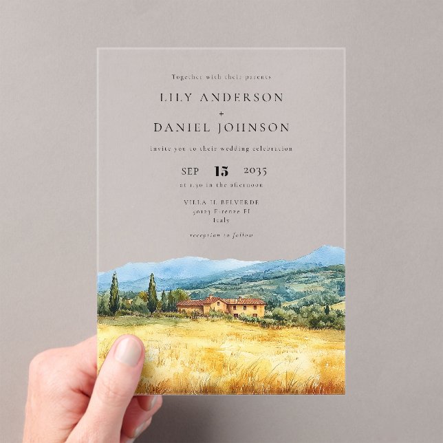 Watercolor Tuscany Italy Destination Wedding Acrylic Invitations (Insitu (Handheld))