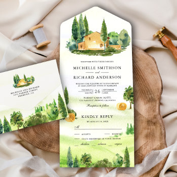 Watercolor Tuscany Landscape Italian Farm Wedding All In One Invitation by ShabzDesigns at Zazzle