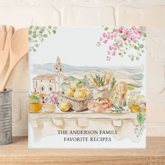 Watercolor Tuscany Mediterranean Family Recipe 3 Ring Binder