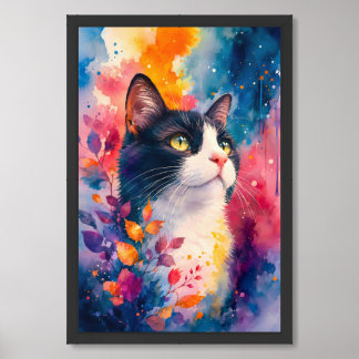 Watercolor tuxedo cat art portrait vibrant colors framed art