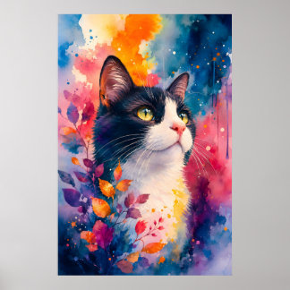 Watercolor tuxedo cat art portrait vibrant colors poster