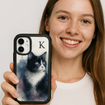Watercolor Tuxedo Cat Monogram