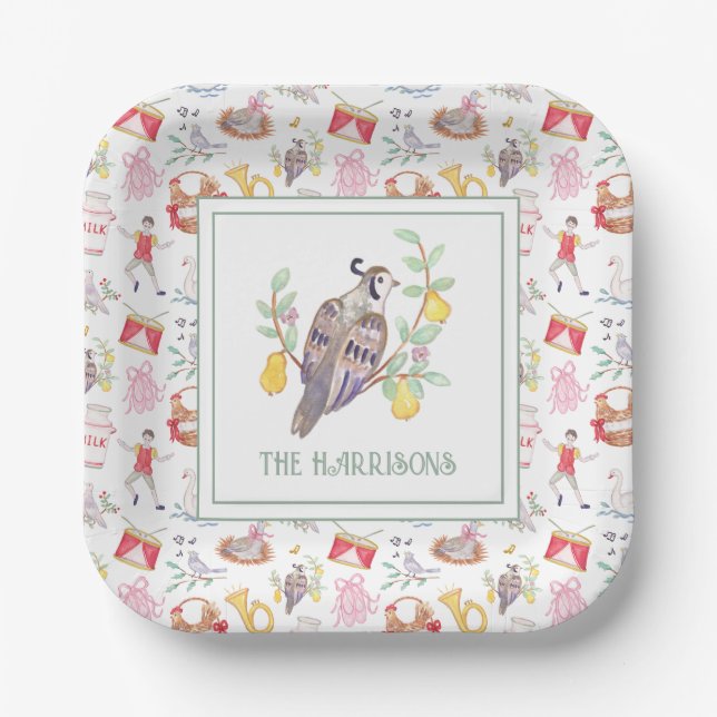 Watercolor Twelve Days of Christmas Personalized Paper Plates (Front)