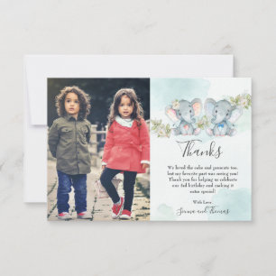 Watercolor Twin Boy Girl Elephant Birthday Photo Thank You Card