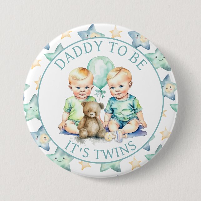 Watercolor Twin Boys Baby Shower Dad to Be Button (Front)