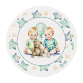 Watercolor Twin Boys Baby Shower Edible Frosting Rounds (Front)