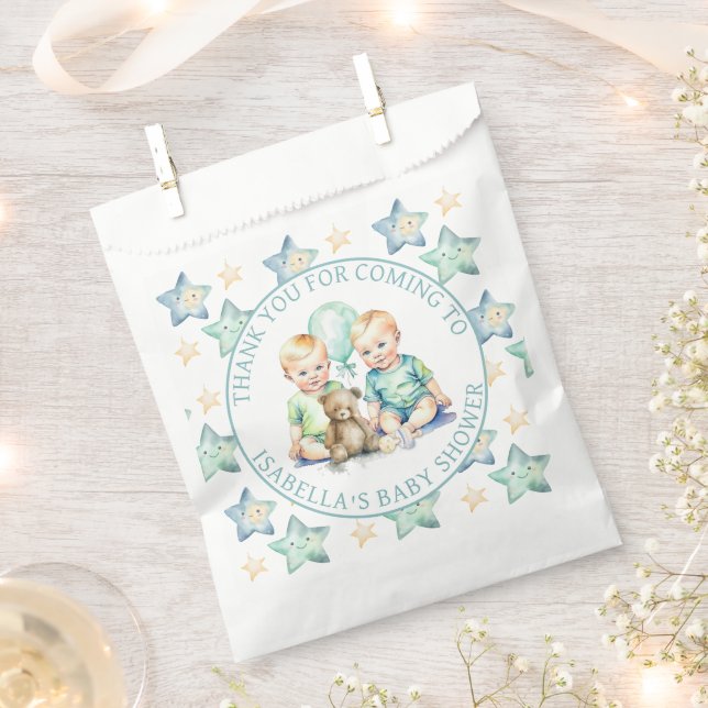 Watercolor Twin Boys Baby Shower Favor Bag (Clipped)