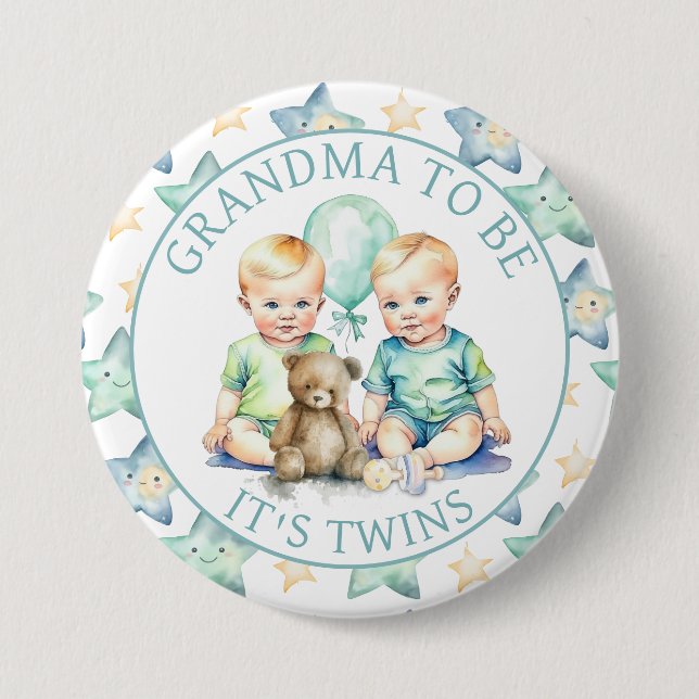 Watercolor Twin Boys Baby Shower Grandma to Be Button (Front)