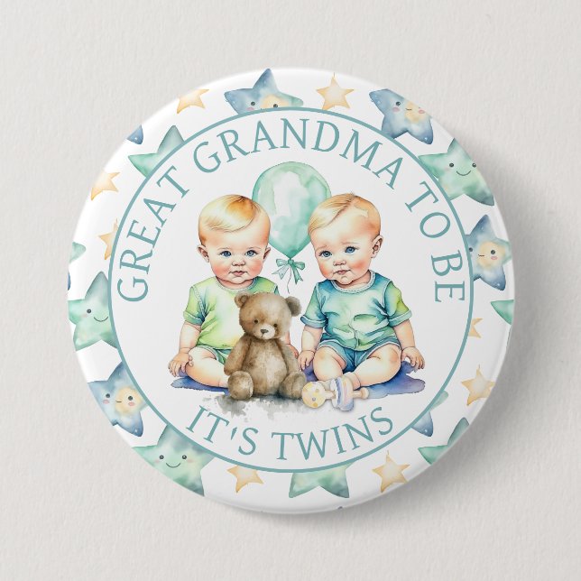 Watercolor Twin Boys Baby Shower Grandma to Be Button (Front)