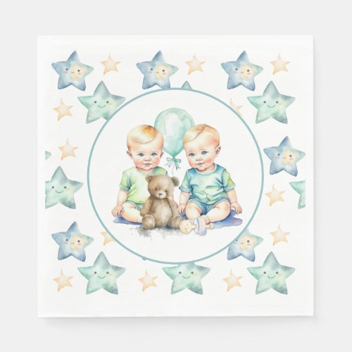 Watercolor Twin Boys Baby Shower Napkins