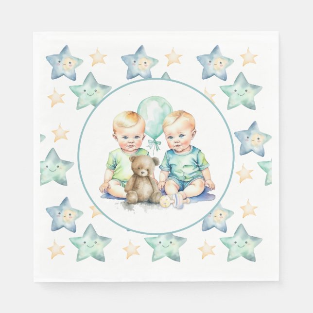 Watercolor Twin Boys Baby Shower Napkins (Front)