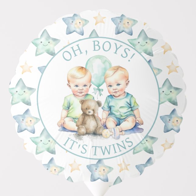 Watercolor Twin Boys Baby Shower | Oh, Boys! Balloon (Front)