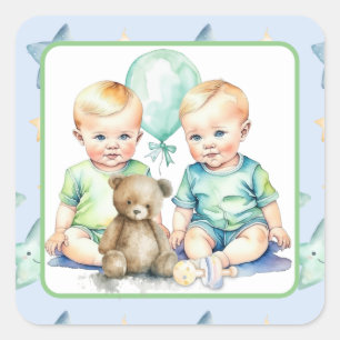 Watercolor Twin Boys Baby Shower Square Sticker