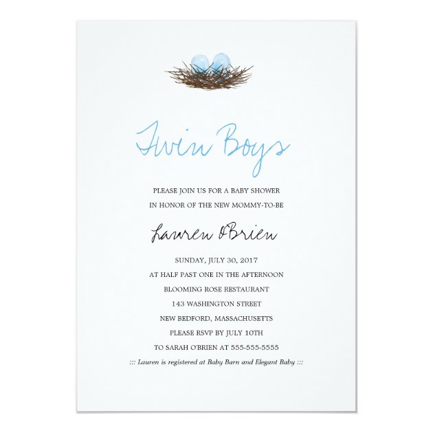 Watercolor Twin Boys Bird's Nest Baby Shower Invitation